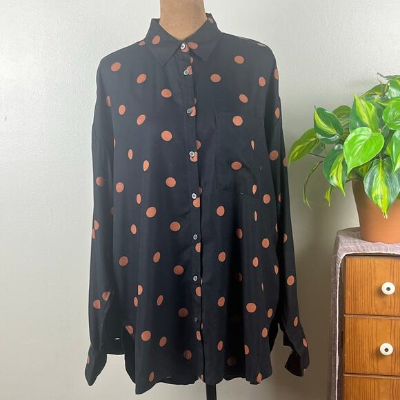 Loft Black with Tan Polka Dots Long Sleeve Collared Blouse Oversized Small - Picture 2 of 10